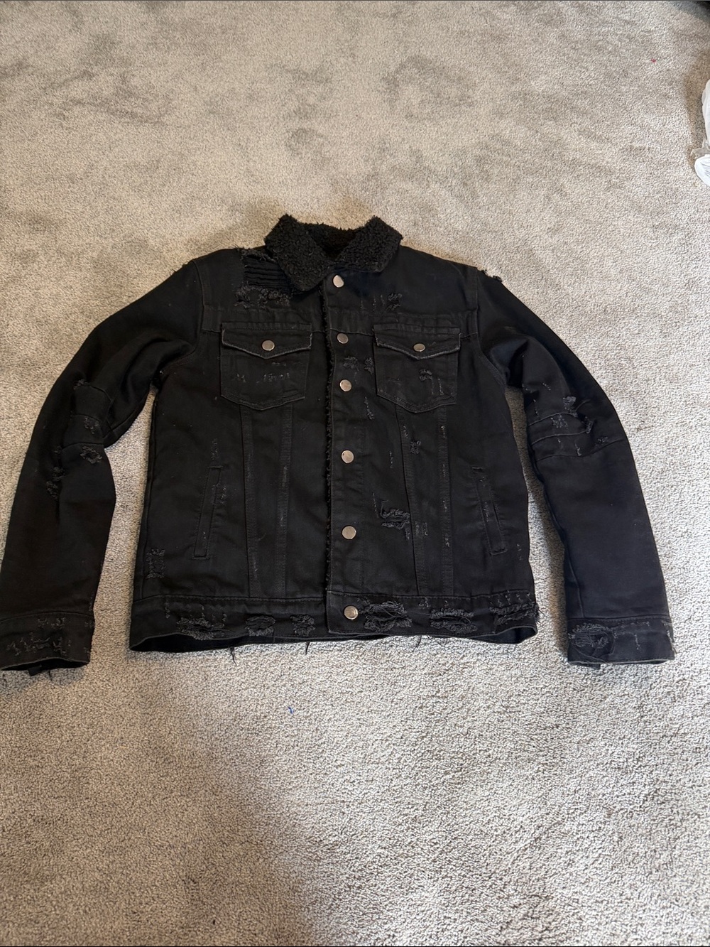 Valabasas Black Distressed Sherpa Collar & Lined Denim Jacket - Men